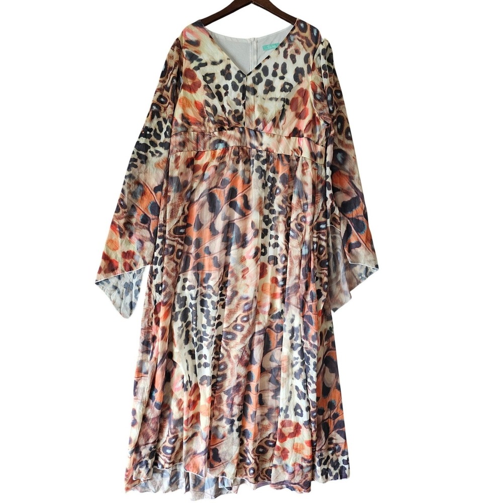 Toleen 4XL Plus Size Leopard Butterfly Print Maxi Dress V-Neck Bell Sleeve Boho